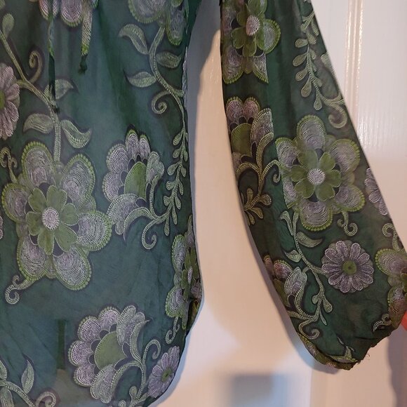 Ing Y2K Boho Sheer Floral Green Flowy Long Puff Sleeve Top M Hippie - Picture 7 of 14